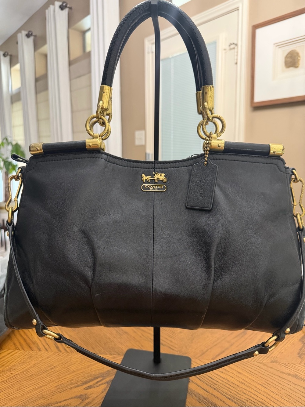 Coach Madison Carrie Satchel Carryall Black Leather Handbag with Gold Hardware